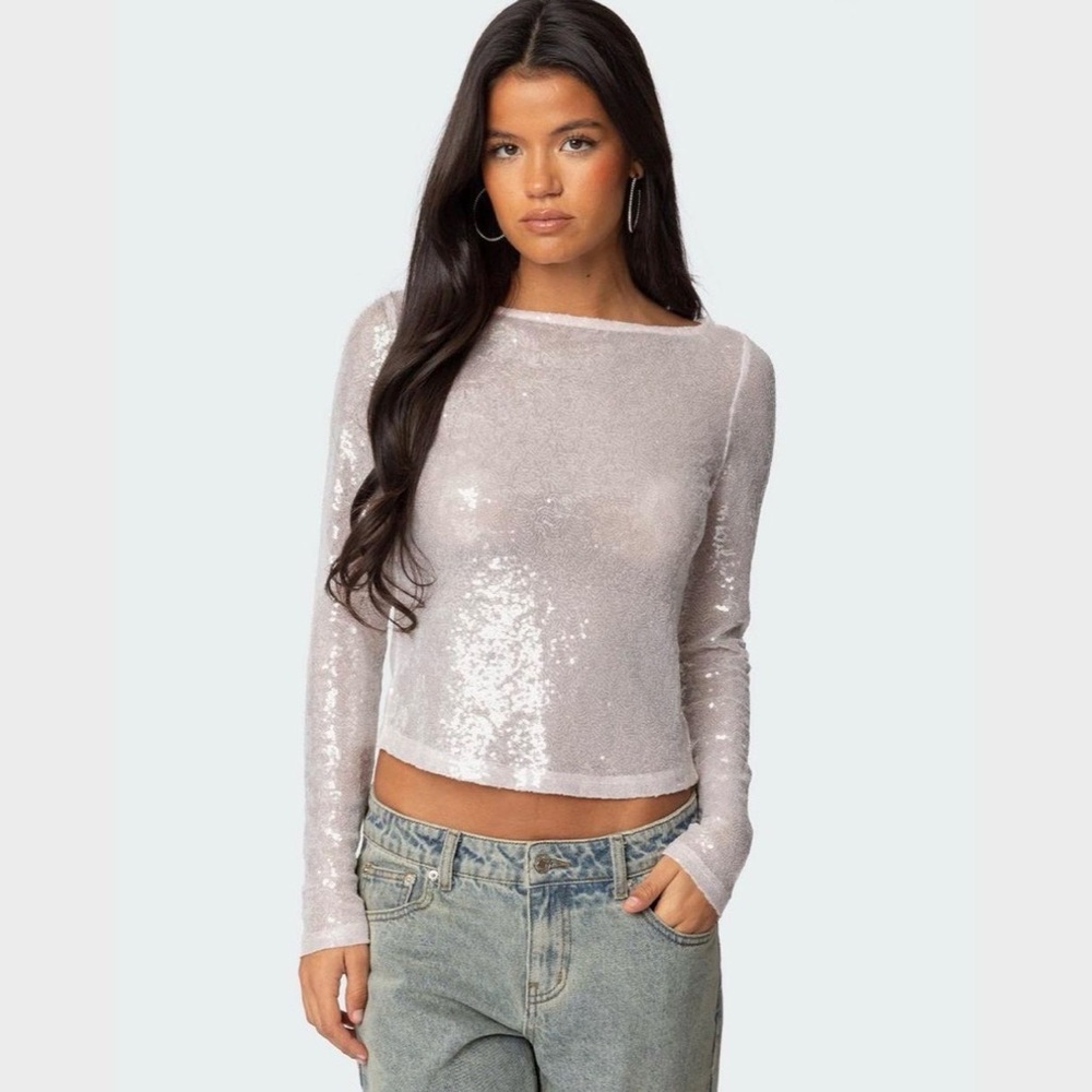 EDIKTED sheer sequin boat neck top